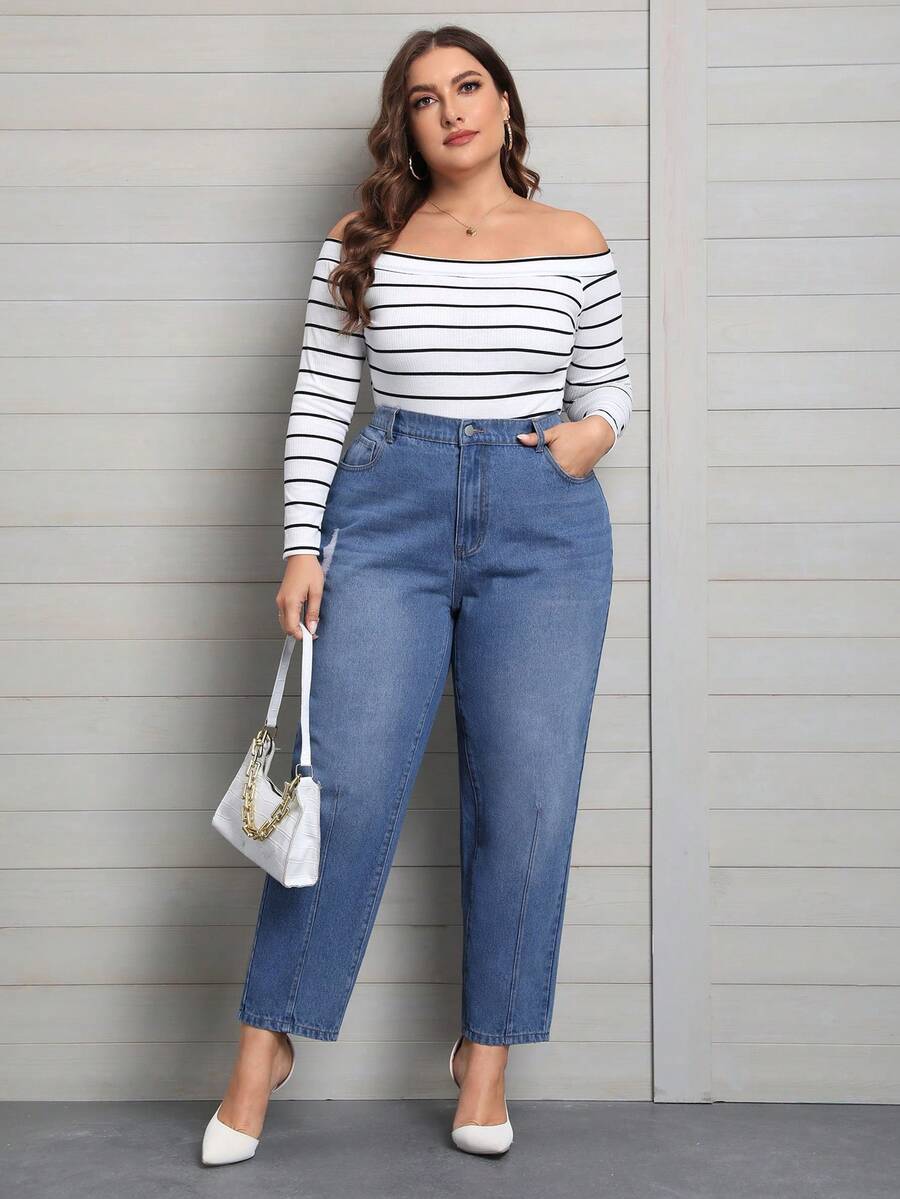 SHEIN Privé Plus Zipper Fly Tapered Jeans - Blue - View 1