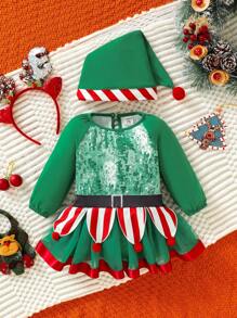 SHEIN 女嬰條紋圖案和聖誕圖案插肩袖洋裝和帽