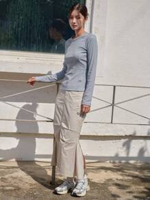 DAZY Áo thun dệt kim gân trơn tay dài cho nữ - Màu xanh nhạt - Xem 6