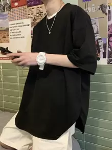 Claim Dot Đàn ông cộng Chất rắn Thả vai Curved Hem Áo thun - màu đen - Xem 1