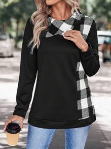 SHEIN LUNE 水牛格紋印花不對稱領套頭衫 - 黑色 - 查看 1