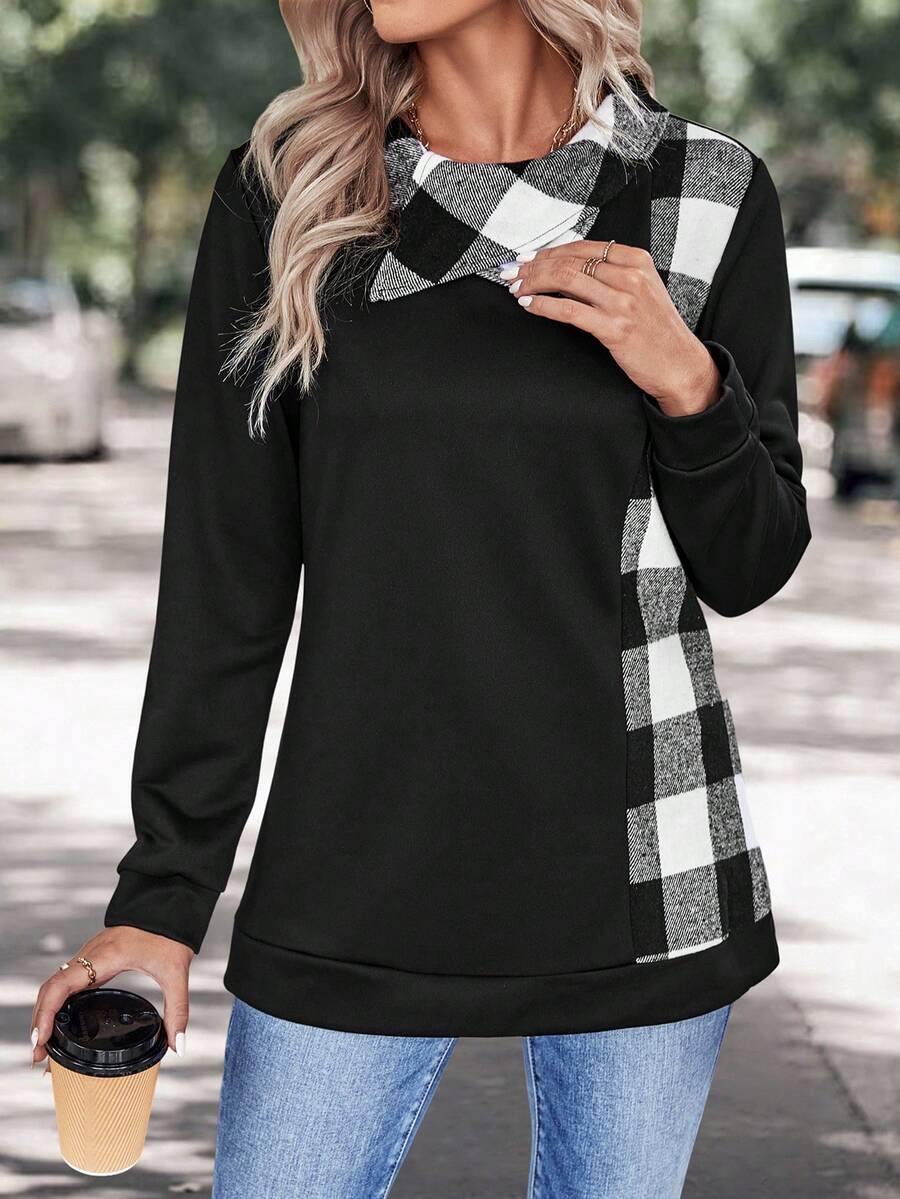 SHEIN LUNE 水牛格紋印花不對稱領套頭衫 - 黑色 - 查看 1