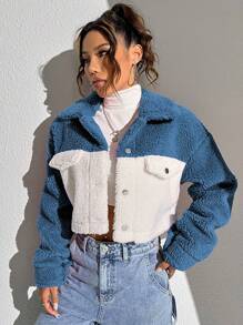 SHEIN Unity Hai âm Thả vai Mùa vụ Áo Teddy Jackets - Màu xanh lam - Xem 4