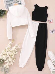Cô gái Đồ họa Chữ cái Crop Tank Top & Hoodie & Hai âm Quần thể thao - Đen và trắng - Xem 2