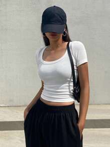 DAZY Camiseta corta de cuello de barco de un solo color para el verano - Blanco - Ver 5