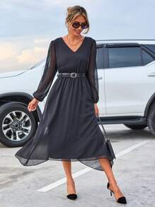 RueChic Contrast Mesh Lantern Sleeve Dress Without Belt - Black - View 3