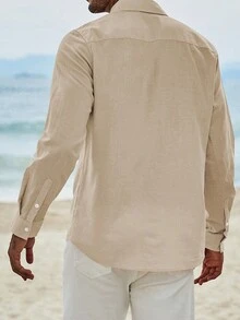 男士素色前排扣襯衫 - 米色 - 查看 2