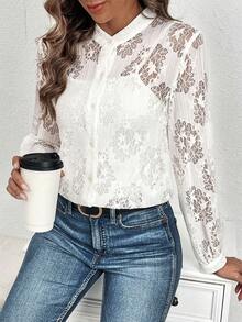 SHEIN Clasi 素色前紐扣蕾絲襯衫不附吊帶上衣 - 白色 - 查看 5