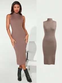 SHEIN BASICS 小高領高衩條紋針織毛衣洋裝 - 棕色 - 查看 7