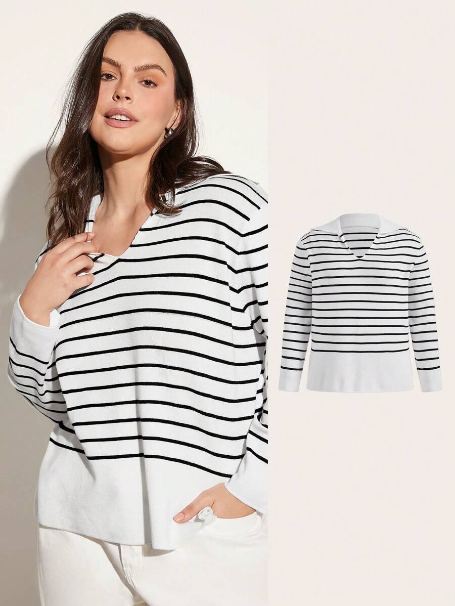 SHEIN BASICS 大碼條紋圖案落肩袖套頭毛衣 - 黑與白 - 查看 1