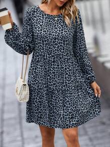 SHEIN LUNE 豹紋印花荷葉邊娃娃裙 - 霧霾藍 - 查看 4