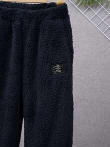 SHEIN 青少年男孩休闲贴布羊毛连帽运动衫和慢跑裤两件套 - 藏蓝色 - 查看 7