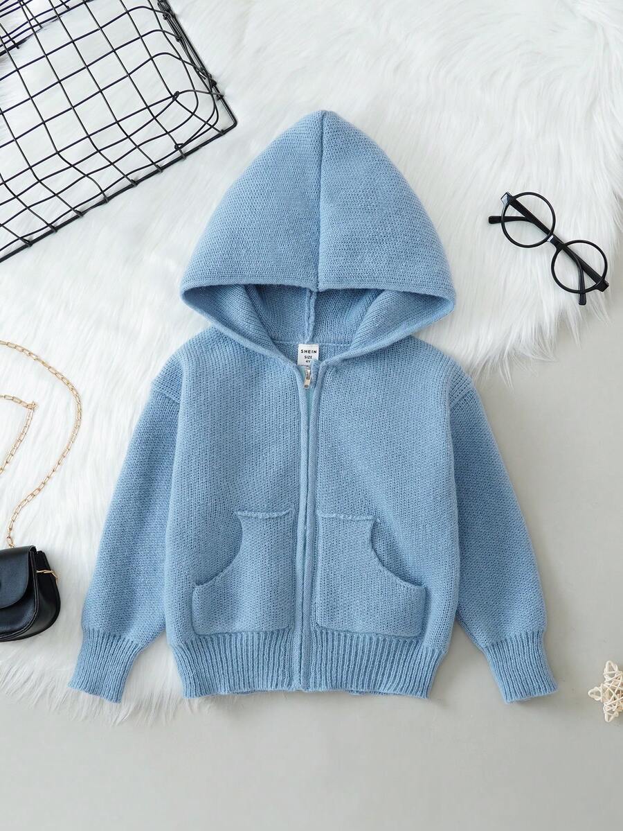 SHEIN 男小童素色拉鏈開襟連帽開襟衫 - 綠色 - 查看 1