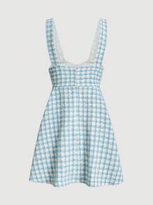 SHEIN MOD 格紋印花前蝴蝶結背帶洋裝 - 淺藍色 - 查看 2