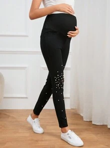 SHEIN Maternity Pearls Beaded Ripped Skinny Jeans - Black - View 3