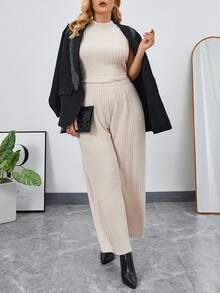 SHEIN Essnce Plus Mock Neck Tank Top & Wide Leg Pants - Apricot - View 4