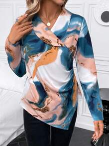 SHEIN Clasi 大理石圖案圍裹不對稱下擺襯衫 - 彩色 - 查看 3