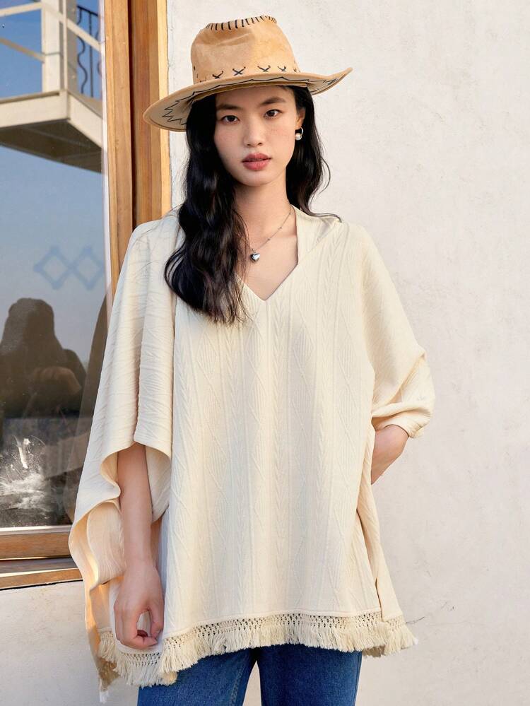 Fringe Trim Batwing Sleeve Cover Up Summer,Beach Women Outfits