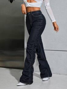 SHEIN ICON 高腰褶邊牛仔喇叭褲 - 藍色 - 查看 1