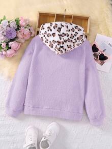 SHEIN 女大童豹紋印花撞色連帽衛衣 - 淡紫色 - 查看 2