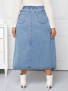SHEIN CURVE+ Hơn Tách đùi Váy Denim - Màu xanh lam - Xem 2