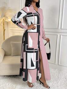 SHEIN Lady Geo Print Button Front Shirt Dress - Baby Pink - View 3