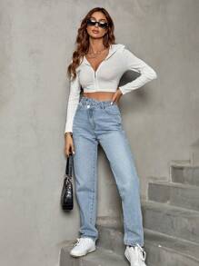 SHEIN Frenchy 腰部交疊直筒加絨內裏牛仔褲 - 藍色 - 查看 5