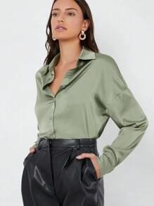 BizChic Single Breasted Solid Satin Blouse Workwear - Mint Green - View 5