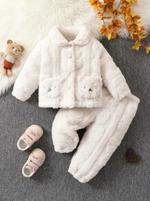 Baby Girl Bear Embroidery Dual Pocket Teddy Jacket & Pants - Beige - View 1