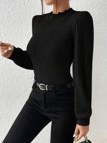 SHEIN Frenchy Camiseta ribete en forma de lechuga de cuello alto de manga farol tejido de canalé - Negro - Ver 4