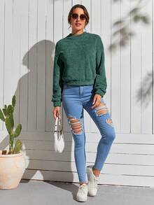 SHEIN LUNE Solid Drop Shoulder Teddy Sweatshirt - Dark Green - View 4