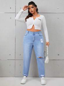 SHEIN Privé 大碼高腰破洞媽媽牛仔褲 - 藍色 - 查看 4