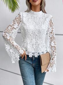 SHEIN Privé 小高領提花蕾絲襯衫 - 白色 - 查看 3