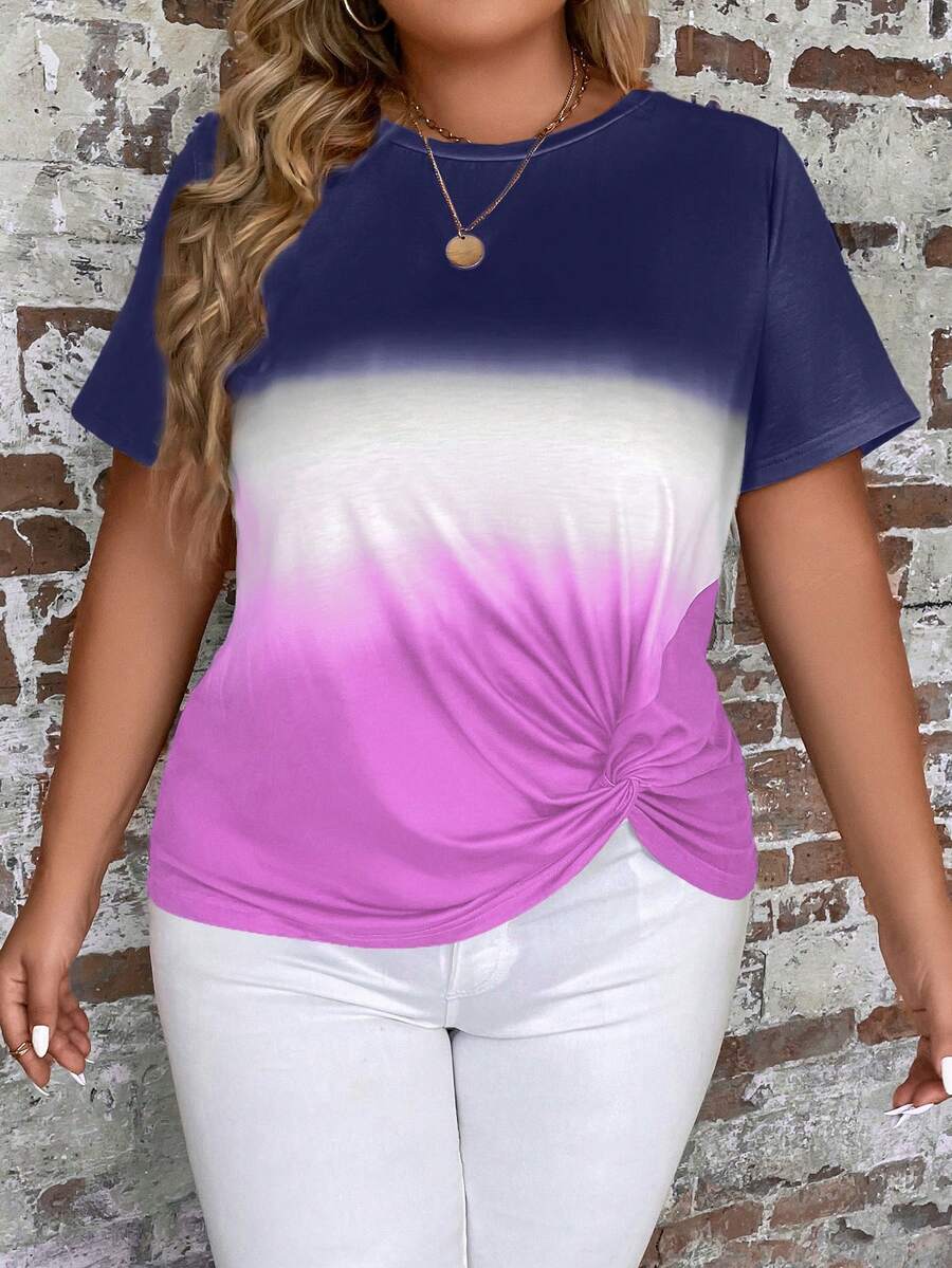 SHEIN LUNE Plus Ombre Twist Hem Tee - Multicolor - View 1