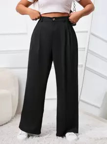 SHEIN EZwear Plus Spring Plicated Detail Wide Leg Black Suit Pants In Fall/Winter - Black - View 1