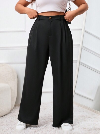 SHEIN EZwear Plus Spring Plicated Detail Wide Leg Black Suit Pants In Fall/Winter