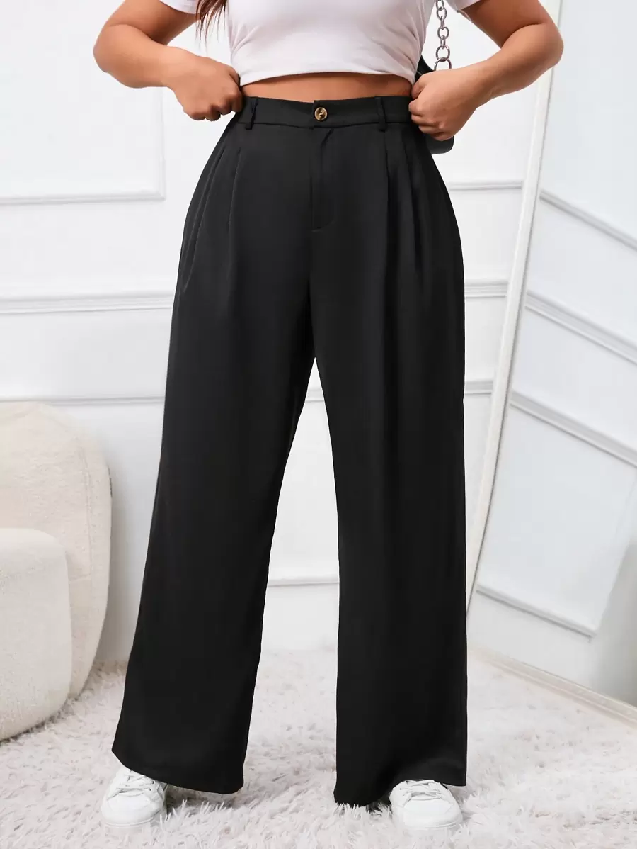 SHEIN EZwear Plus Spring Plicated Detail Wide Leg Black Suit Pants In Fall/Winter - Black - View 1