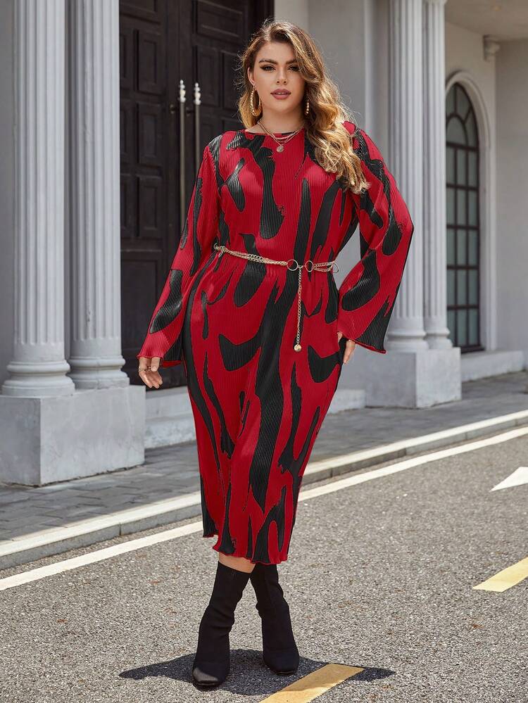 Plus Allover Print Dress Without Belt