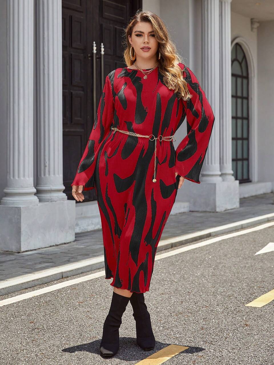 Plus Allover Print Dress Without Belt