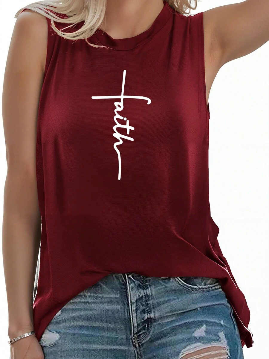 SHEIN EZwear Top tank con estampado de letra - Burdeos - Ver 1