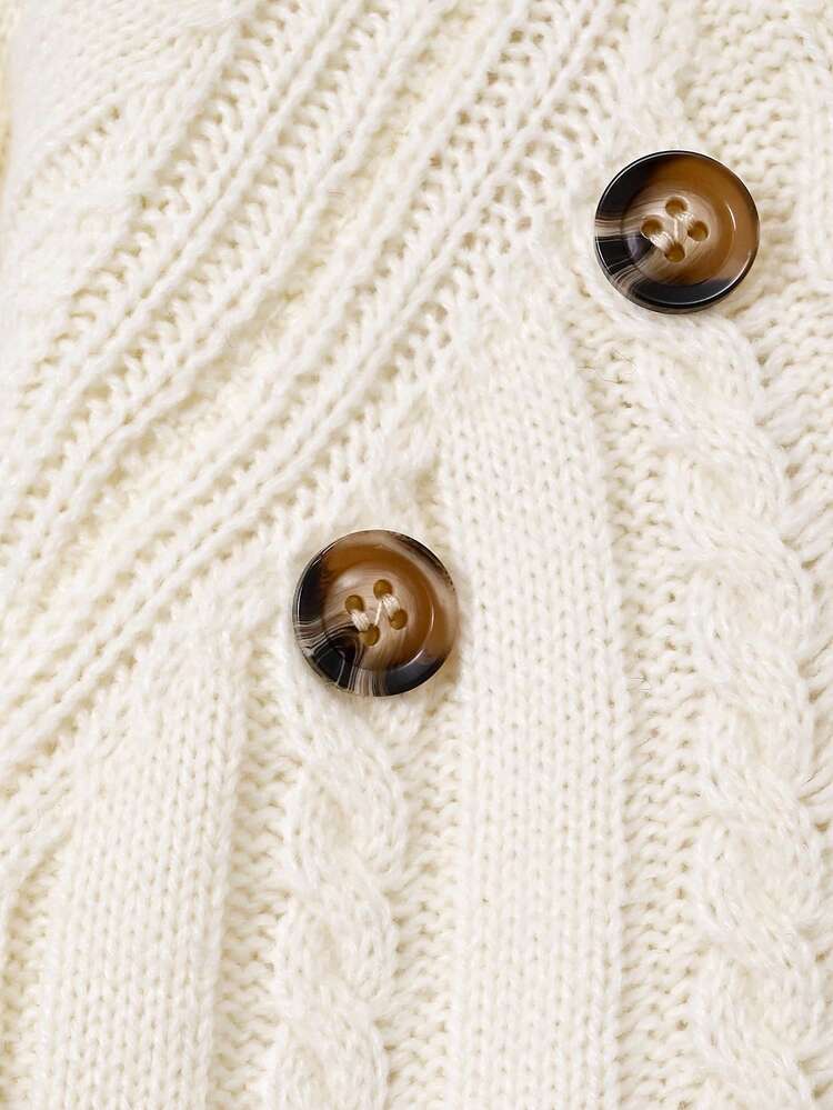 Tween Girl Button Detail Cable Knit Raglan Sleeve Sweater