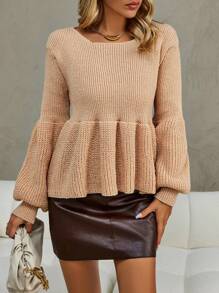 SHEIN Clasi Lantern Sleeve Peplum Hem Knit Pullover Fall Winter Sweater - Khaki - View 4