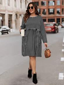 SHEIN LUNE Plus Striped Print Pocket Patched Dress - Black and White - View 3