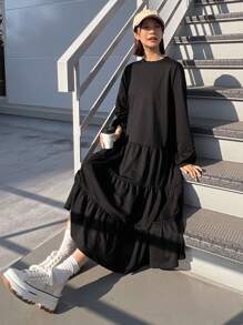 FRIFUL 字母图案落肩荷叶边下摆罩衫连衣裙，秋装 - 黑色 - 查看 6