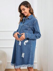 SHEIN 孕婦破洞毛邊牛仔洋裝 - 淺色水洗藍 - 查看 3