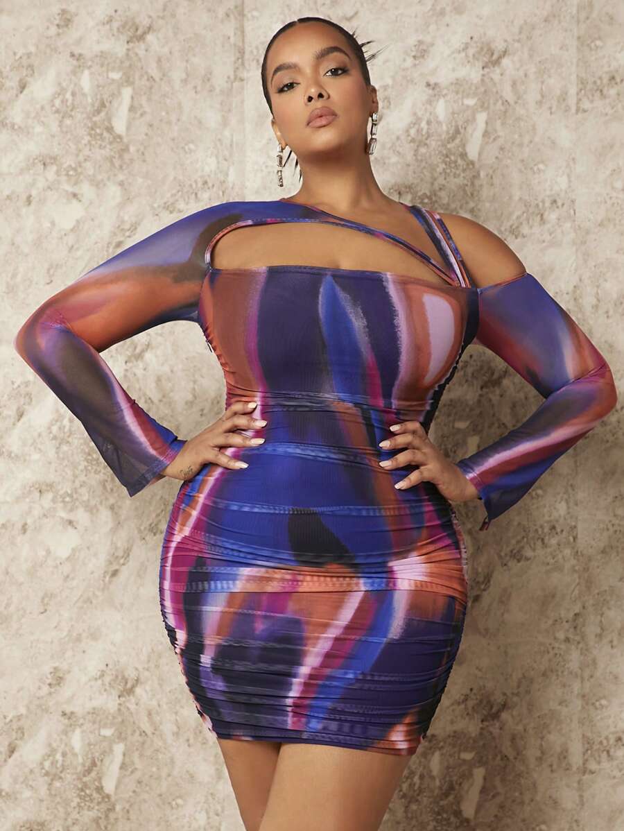 SHEIN BAE Đầm dài tay cổ bất đối xứng cỡ lớn dành cho nữ - Nhiều màu - Xem 1