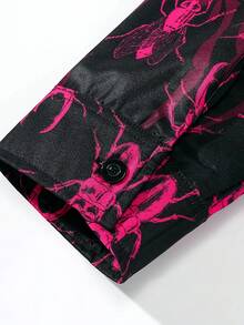 ROMWE MEN Academia 男士滿版圖案前紐扣襯衫 - 黑色 - 查看 4