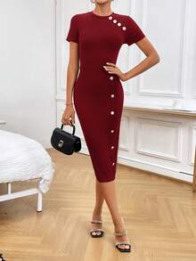 SHEIN Privé 紐扣細節緊身洋裝 - 酒紅色 - 查看 4