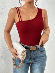 Firerie Solid Asymmetrical Neck Ribbed Knit Top