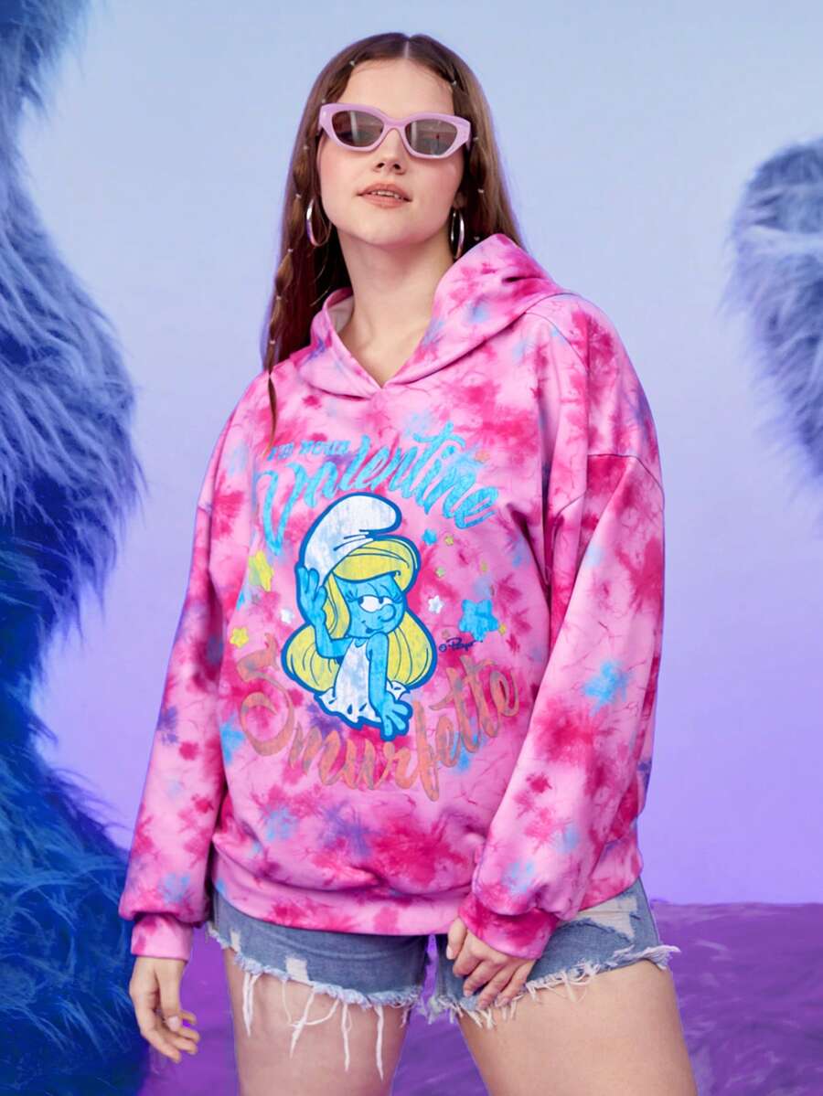 SHEIN X The Smurfs Áo nỉ rộng tay, nhuộm tie-dye, in hình hoạt hình. - Nhiều màu - Xem 1